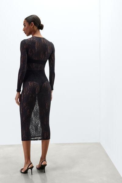 Black Long-Sleeved Stretch Lace Dress, Black, medium