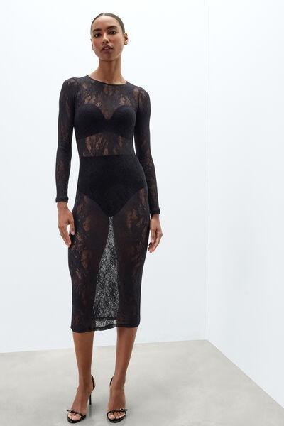 Black Long-Sleeved Stretch Lace Dress, Black, large image number 3