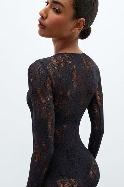 Black Long-Sleeved Stretch Lace Dress, Black, large image number 4