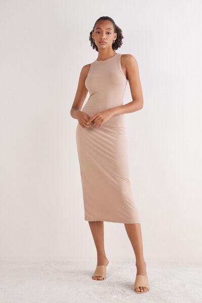 Beige Your Every Wear Long Ribbed Slip Dress, , large image number 1