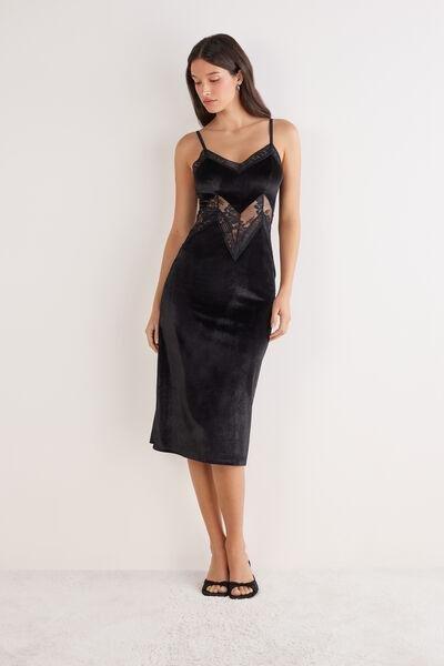 Black La Femme Fatale Long Slip In Velvet And Lace, Black, large image number 0
