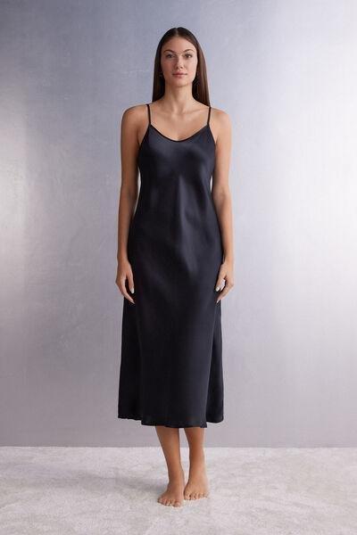 Black Midi-Length Silk Slip, , large image number 0