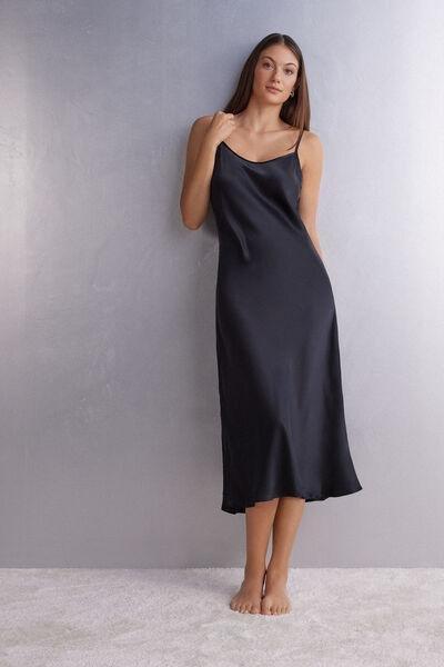 Black Midi Silk Slip Dress, , large image number 1