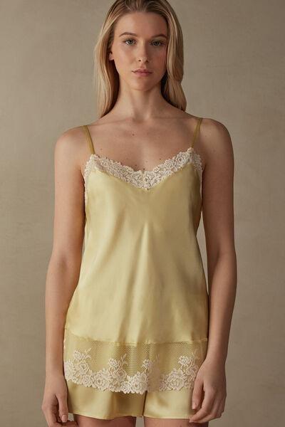 PASTEL YELLOW/IVORY Pretty Flowers Silk Top with Spaghetti Straps, , large image number 0