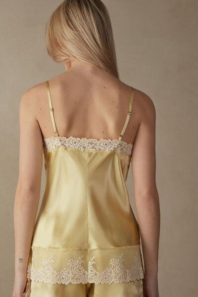 PASTEL YELLOW/IVORY Pretty Flowers Silk Top with Spaghetti Straps, , large image number 3