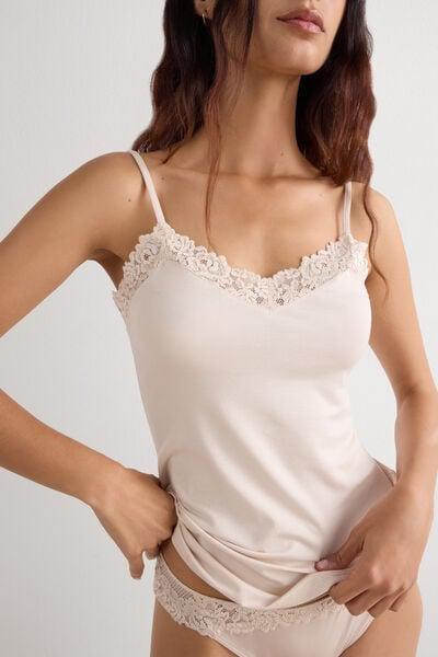 Cream Pretty Flowers Spaghetti Straps Modal Top, Silk, large image number 5
