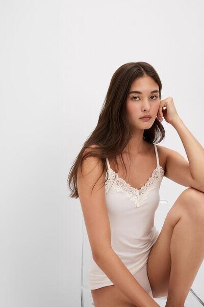 White Pretty Flowers Modal And Lace Top, Powder White, large image number 0