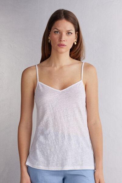 White V-Neck Linen Top, White, large image number 0