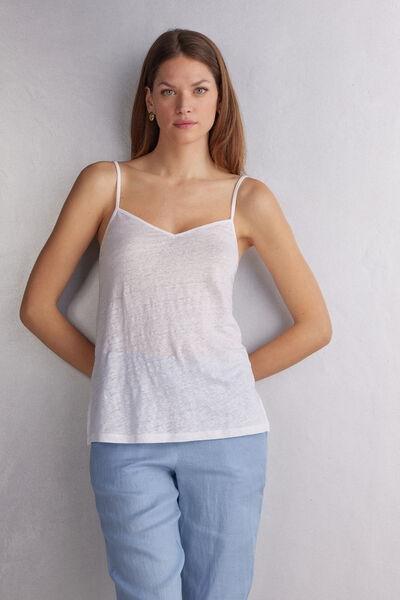 White V-Neck Linen Top, White, large image number 1