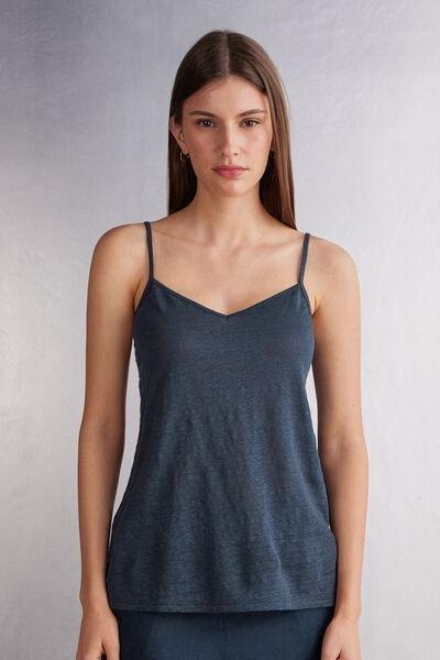 Navy V Neck Linen Top, 5601_243J, large image number 0