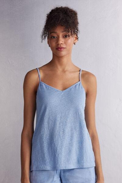 Blue V-Neck Linen Top, 5601_550J, large image number 0