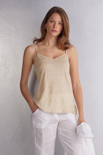 Beige V Neck Linen Top, 5601_913I, large image number 1