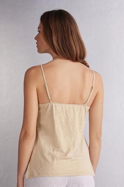 Beige V Neck Linen Top, 5601_913I, large image number 3