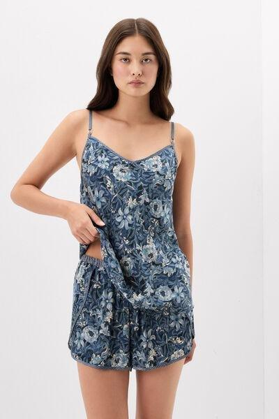 Navy Fanciful Flowers Printed Viscose Satin Top, 5601_195K, large image number 1