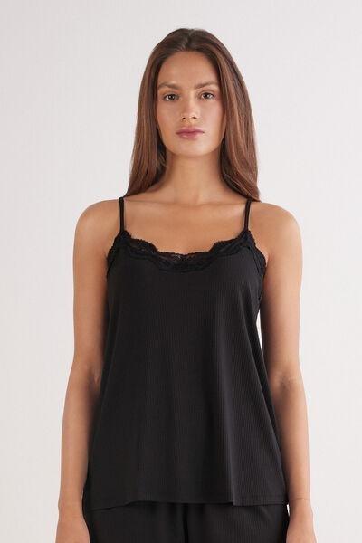 Black Your Everyday Wear Ribbed Lacy Top, Black, medium