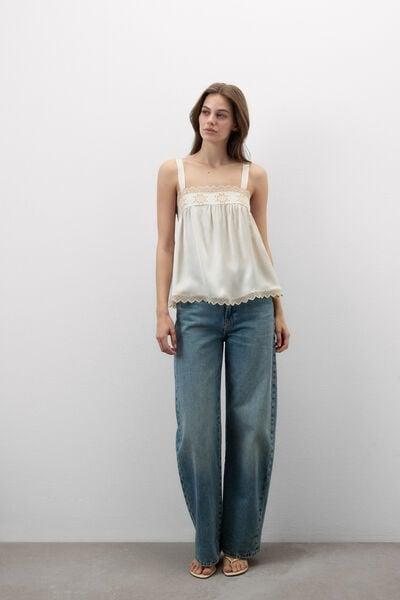 Beige Midsummer Dream Viscose Satin Top, 5601_118K, medium