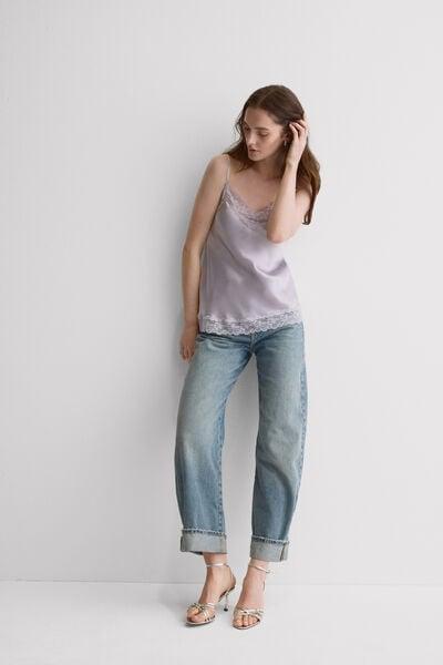 Lilac V-Neck Lace And Silk Top, 5601_056K, large image number 0