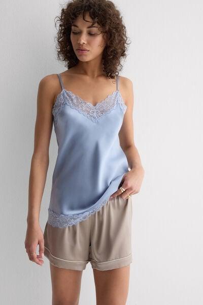 Blue V-Neck Lace And Silk Top, 5601_064K, large image number 1