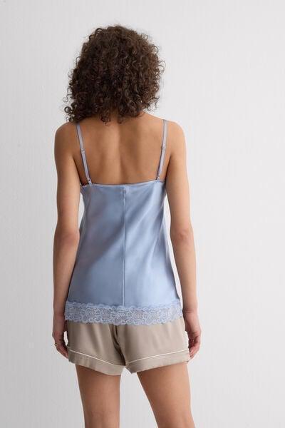 Blue V-Neck Lace And Silk Top, 5601_064K, large image number 2