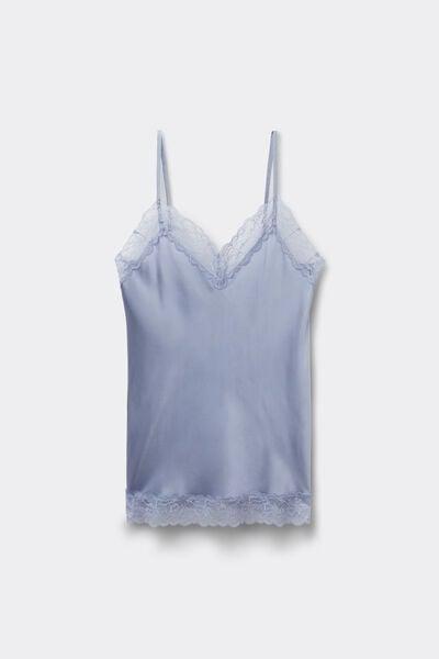 Blue V-Neck Lace And Silk Top, 5601_064K, large image number 3