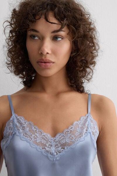 Blue V-Neck Lace And Silk Top, 5601_064K, large image number 5