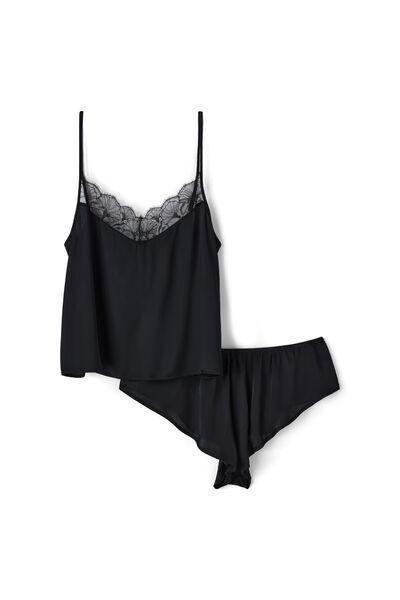 Black Catching Eyes Lace And Viscose Satin Set, Black, medium