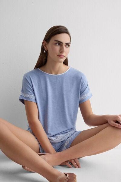 Blue Short Modal And Lace Pyjama Set, 5601_069K, medium