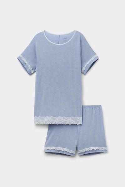 Blue Short Modal And Lace Pyjama Set, 5601_069K, large image number 3