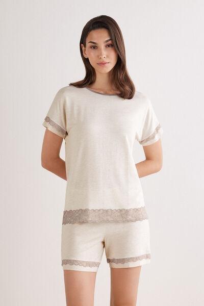 Beige Romantic Lace Frill Trims Pyjama Set, , large image number 1