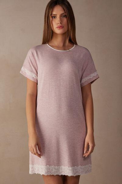Pink Melange Short-Sleeved Nightdress With Lace Details, , large image number 0