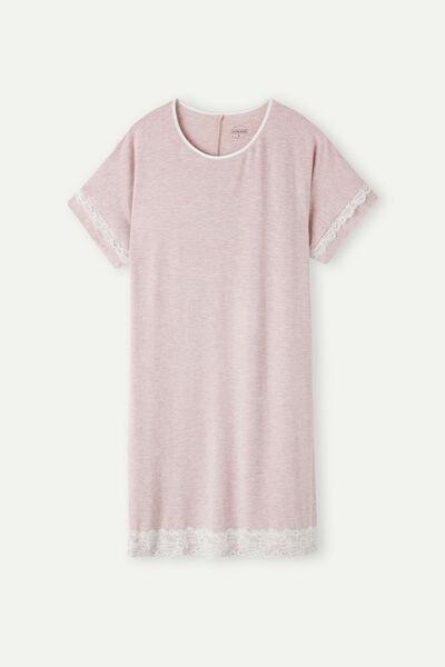 Pink Melange Short-Sleeved Nightdress With Lace Details, , large image number 2