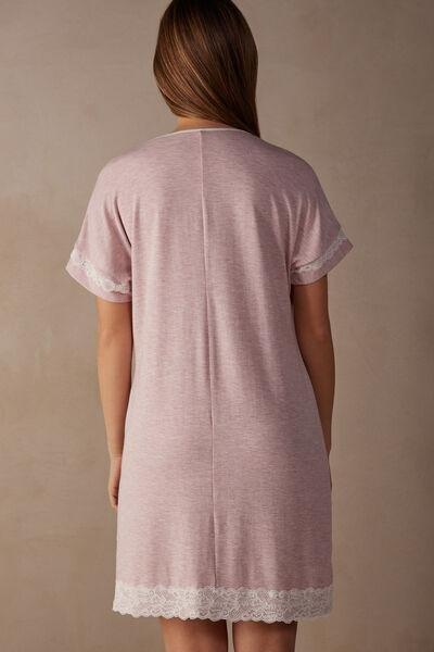 Pink Melange Short-Sleeved Nightdress With Lace Details, , large image number 3