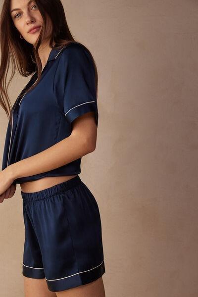 Navy Silk Shorts With Contrasting Trim, Intense Blue, large image number 1