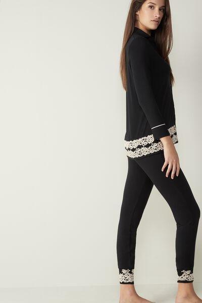 سروال بيجامة مودال بأساور ، للنساء ، أسود / عاجي, Black/ivory, medium