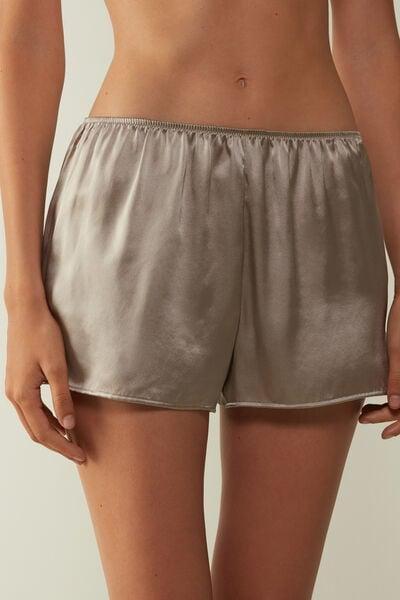 Beige Smooth Silk-Satin Shorts, 5601_651I, large image number 0
