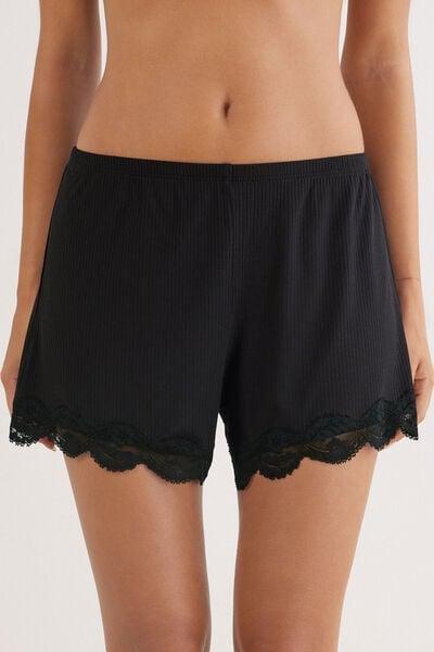 Black Your Everyday Wear Ribbed Lacy Shorts, , large image number 0