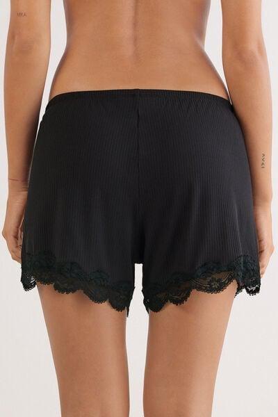 Black Your Everyday Wear Ribbed Lacy Shorts, , large image number 3