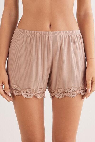 Beige Your Every Wear Ribbed Lacy Shorts, , medium