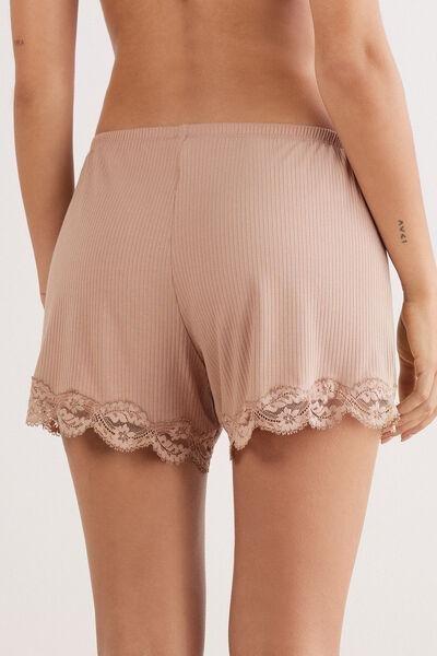 Beige Your Every Wear Ribbed Lacy Shorts, 5601_939J, large image number 3