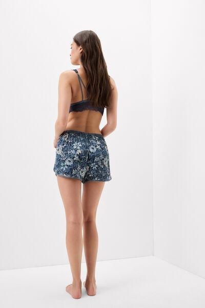 Navy Fanciful Flowers Printed Viscose Satin Shorts, 5601_195K, medium