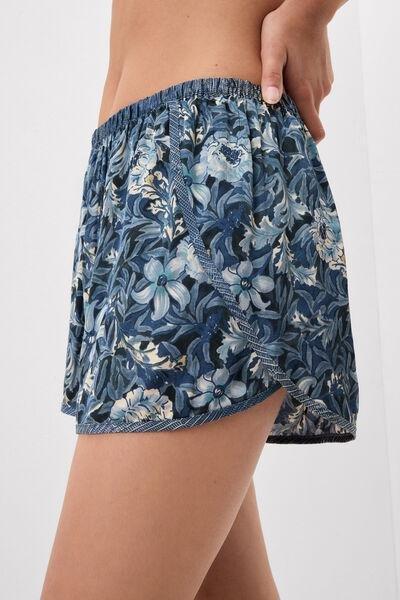 Navy Fanciful Flowers Printed Viscose Satin Shorts, 5601_195K, large image number 4