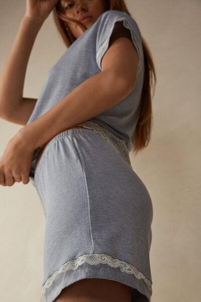 Blue Modal Shorts With Lace Details, , large image number 1