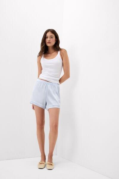 Blue Stretchy Trimmed Silk Shorts, 5601_060K, large image number 1