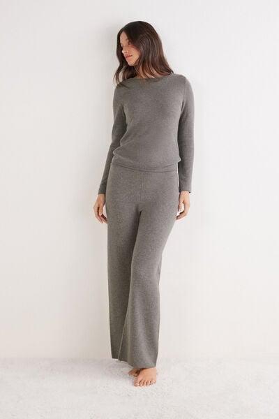 Grey Plain-Knit 100% Cashmere Palazzo Pants, 5601_456J, large image number 0