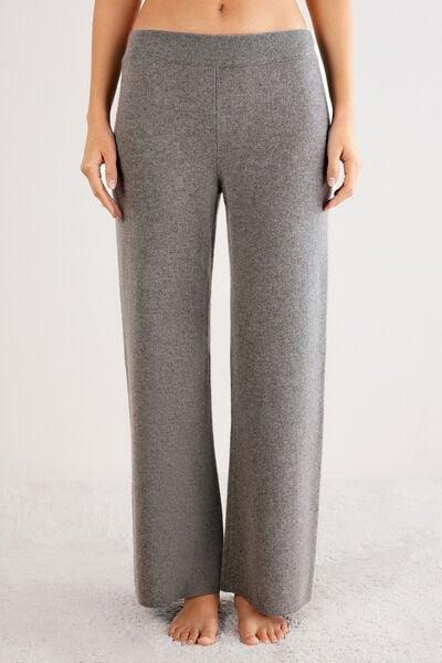 Grey Plain-Knit 100% Cashmere Palazzo Pants, 5601_456J, large image number 1