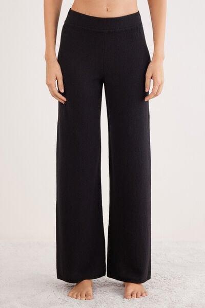 Black Plain-Knit 100% Cashmere Palazzo Pants, 5601_710J, large image number 1