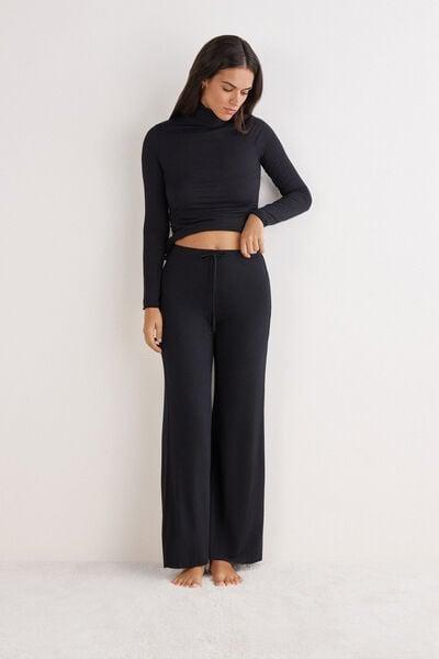 Black Modal And Cashmere Light Blend Palazzo Pants, Black, large image number 1