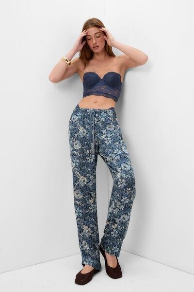 Navy Fanciful Flowers Printed Viscose Satin Pants, 5601_195K, medium