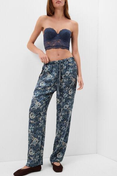 Navy Fanciful Flowers Printed Viscose Satin Pants, 5601_195K, large image number 1