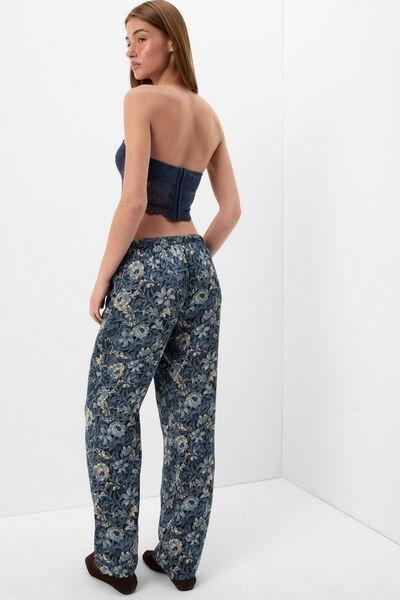 Navy Fanciful Flowers Printed Viscose Satin Pants, 5601_195K, large image number 2